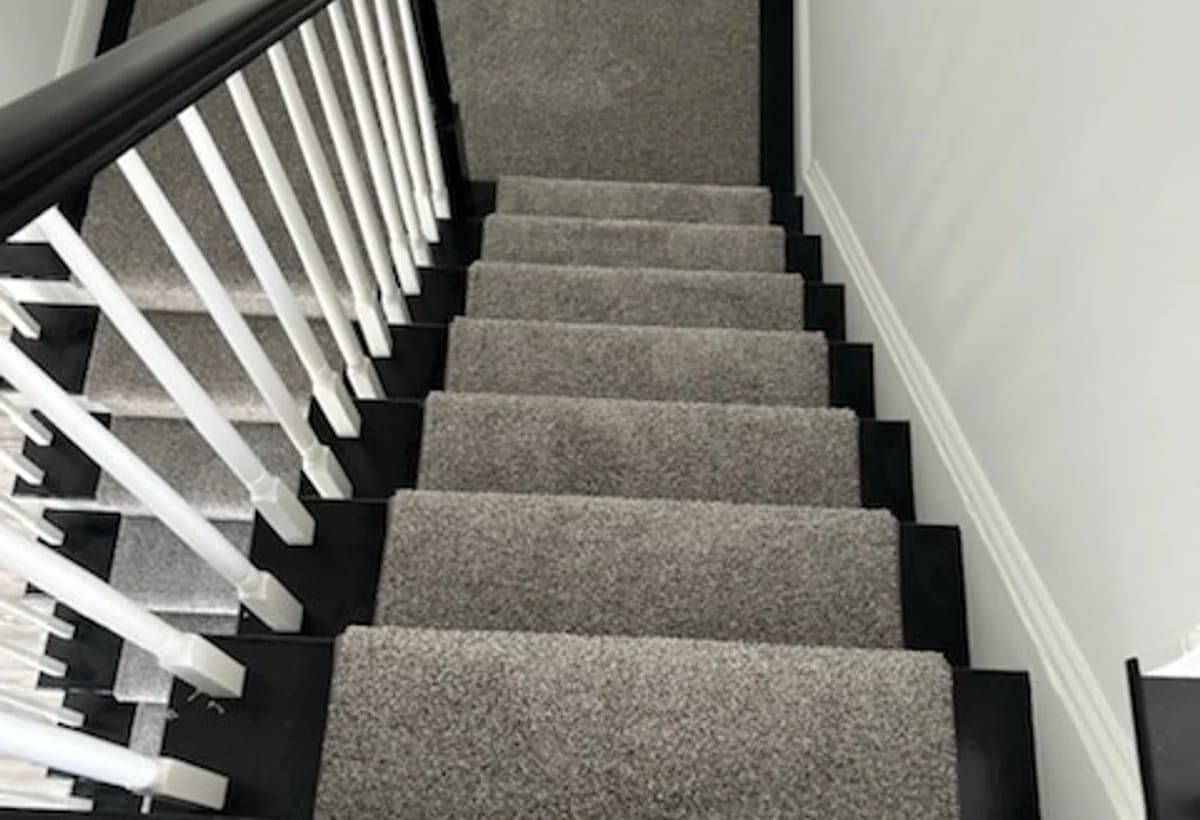 Gray stair carpet runner installed in Connecticut
