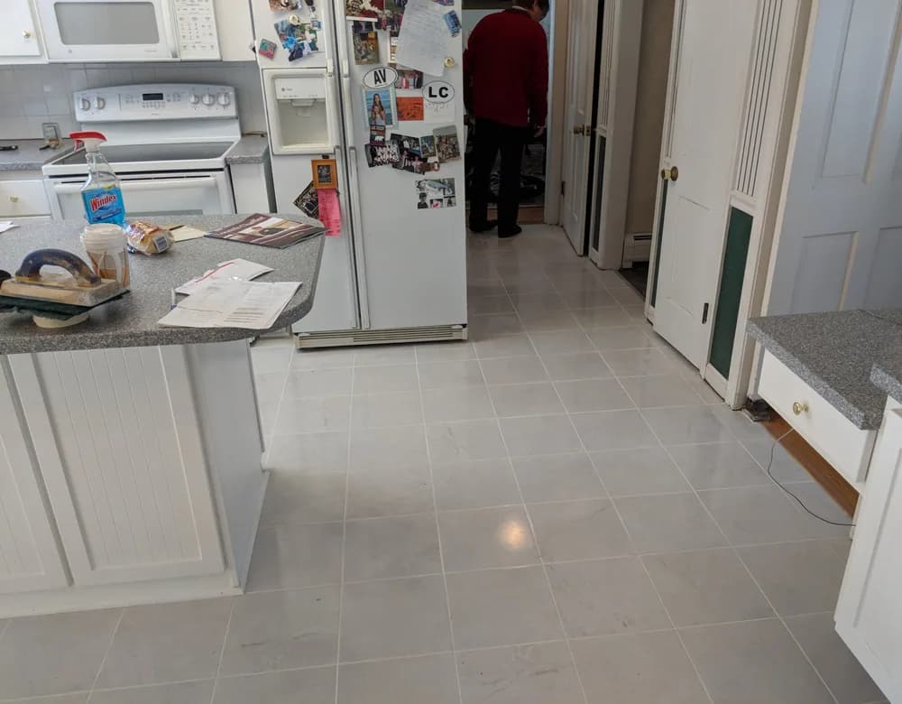 Large format tile kitchen floor installed in Connecticut