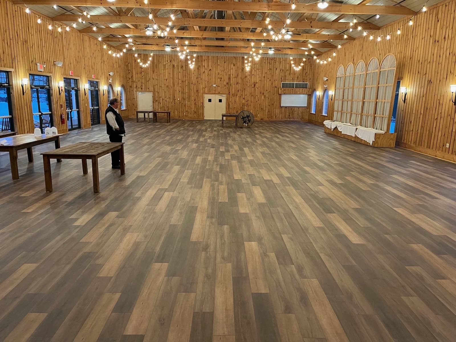 Wood-look plank flooring installed in a Connecticut event venue
