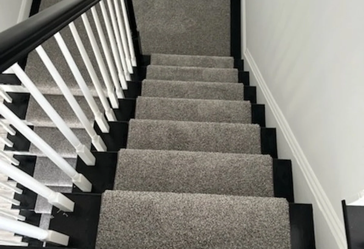 Gray stair carpet runner installed in Connecticut